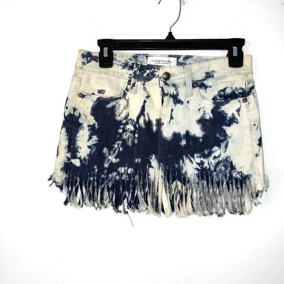Habitual Tie Dye Mini Skirt Womens Size 25 Denim Fringe Cotton Blue Made In USA - Picture 11 of 11